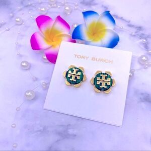 New Tory Burch Gold Logo,Green Enamel Flower Stud Earrings